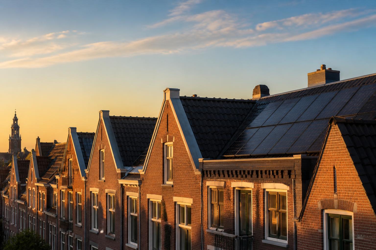 Rijtjeswoning met zonnepanelen op het dak in de middagzon